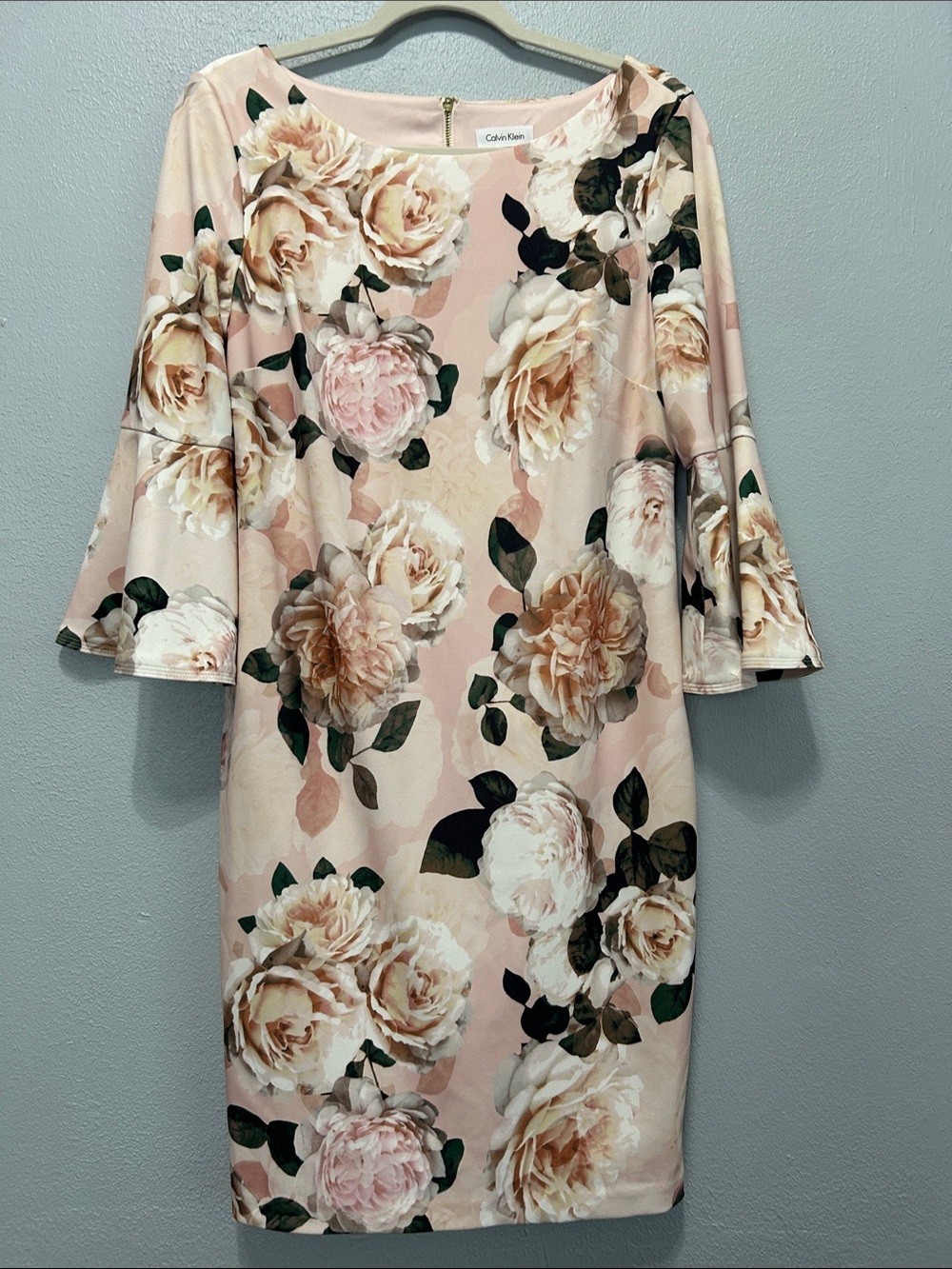 Calvin Klein Blush Pink Floral Bell-Sleeve Midi Dress Size 12